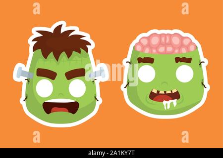 Halloween Köpfe von Frankenstein und Zombie Zeichen Stock Vektor