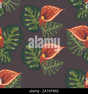 Nahtlose Muster mit tropischen Blättern und callas Lilien Blumen. Dunkle und helle grüne Palmenblättern, nahtlose Muster. Stock Vektor