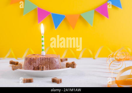 Happy Birthday Kuchen für Hund von Nassfutter und behandelt mit Kerze auf der gelben Partei Hintergrund Stockfoto