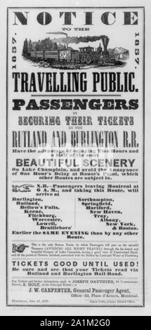 Hinweis an die Reisenden. Die Passagiere durch ihre Tickets sichern durch die Rutland und Burlington R.R. haben den Vorteil genießen, zwei Stunden und eine Hälfte von der schönsten Landschaft auf See Champlain... Stockfoto