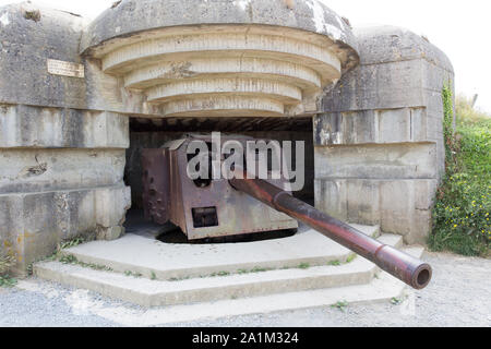 Longues-sur-Mer, Frankreich - 14 August 2018: Weltkrieg Verteidigung batterie Longues sur Mer Stockfoto