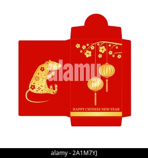 Das chinesische Neujahr roten Umschlag Flachbild-Symbol. Vector Illustration. Rote Paket mit gold Ratte und Laternen. Chinesisches Neues Jahr 2020 Jahr der Ratte. Stock Vektor