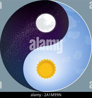 Vector Illustration. Natur Yin Yang mit Sonne und Mond. Tag und Nacht. Stock Vektor