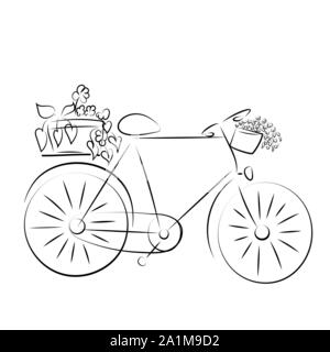 Fahrrad mit Körben von Blumen auf einem Rahmen. Line Art. Stock Vektor