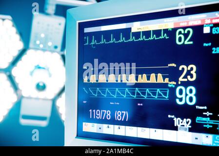 Op-Leuchten und Vitalparameter im Operationssaal. Stockfoto
