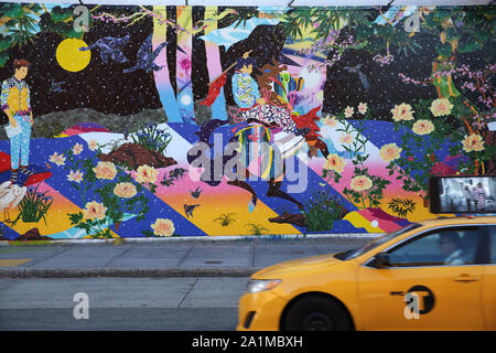 New York, NY, USA - 27. September, 2019: Blick auf die feine Kunst Gemälde von Tomokazu Matsuyama auf der Bowery Wandbild Wand an der Ecke der Houston Street ein Stockfoto