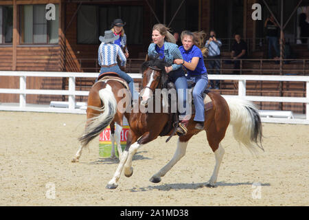 Weibliche Cowgirl und Cowboy in Barrel Racing Event mit Pferd Stockfoto