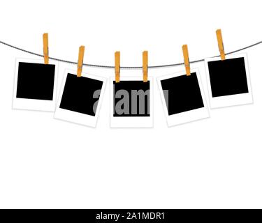 Bilderrahmen auf Seil mit Wäscheklammern auf weißem Hintergrund Vektor isoliert Stock Vektor