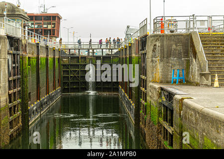 SEATTLE, Washington - Juli 2, 2019: Die Ballard Locks, ist ein Komplex von Schleusen am westlichen Ende der Salmon Bay, im Lake Washington Ship Canal, zwischen Pug Stockfoto