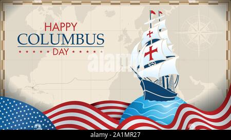 HAPPY COLUMBUS DAY Grußkarte. Blau caravel auf Kreis mit blauen Wellen und USA Flaggen in der Form von Wellen mit der Weltkarte in grauen Farben Stock Vektor