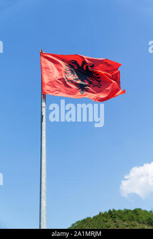 Albanien Flagge gegen den blauen Himmel mit weißen Wolken. Die albanische Flagge ist eine rote Flagge mit einem Silhouettiert schwarzen zweiköpfigen Adler. Bild vertikal. Stockfoto