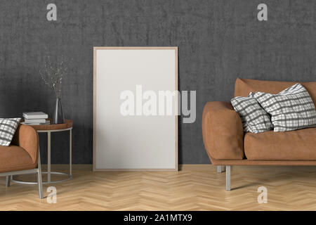 Leere Innenraum poster Mock up mit Holzrahmen grau innen Wohnzimmer mit Couch, Couchtisch mit Vase und Bücher, arnchair. 3D-Illu Stockfoto