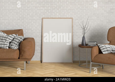 Leere Innenraum poster Mock up mit Holzrahmen in weißen Stein von innen Wohnzimmer mit Couch, Couchtisch mit Vase und Bücher, arnchair. Stockfoto