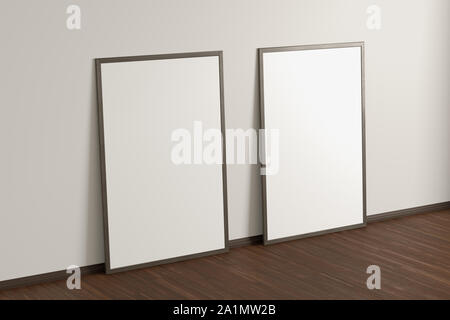 Zwei leere Innenplakate mit Holzrahmen im Inneren des Wohnzimmers. Stockfoto