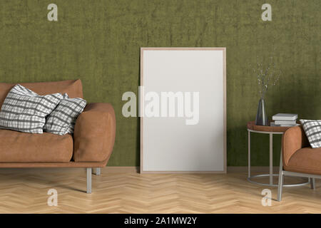 Leere Innenraum poster Mock up mit Holzrahmen in gelb Interieur aus Wohnzimmer mit Couch, Couchtisch mit Vase und Bücher, arnchair. 3D-il Stockfoto