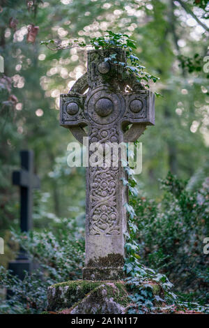 Keltisches Steinkreuz Denkmal mit Ivy auf dem Friedhof in einem Wald bedeckt Stockfoto