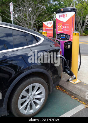 Eine Nahaufnahme eines Tesla Aufladen an einen EV-Station im tropischen Norden von Queensland Stockfoto