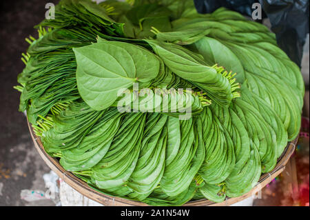 Grüne Blätter auf dem vietnamesischen Markt. Stockfoto