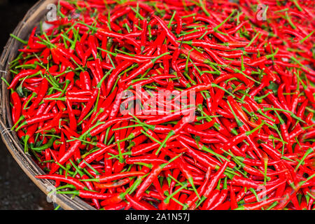 Kleine rote Chilischoten im Korbkorb auf dem Vietnamesischer Markt Stockfoto