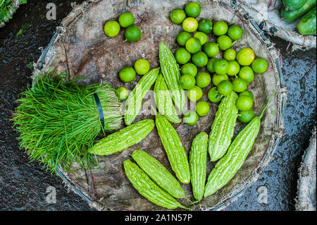 Momordica, chinesischer Bitterkürbis oder Gurke, Grüns und Limonenkörbe im Weidenkorb auf dem vietnamesischen Markt Stockfoto