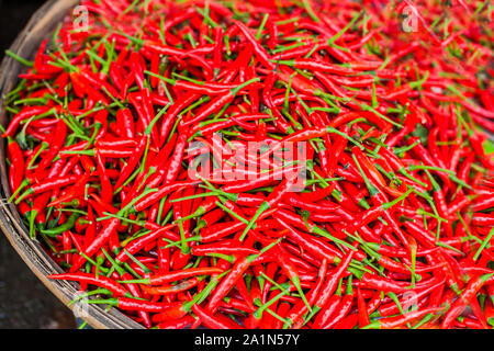 Kleine rote Chilischoten im Korbkorb auf dem Vietnamesischer Markt Stockfoto