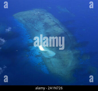 Patch Riff mit Sand Cay in den nördlichen Great Barrier Reef in der Nähe von Cooktown, Queensland, Australien Stockfoto