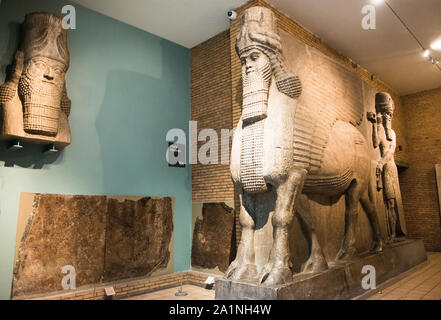 Kolossale assyrischen Stein Skulptur eines menschlichen - vorangegangen geflügelten Stier vom Palast von Khorsabad. British Museum Zimmer 10, Assyrien. Sargon II city Gates. Stockfoto