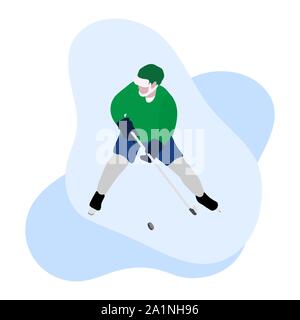 Hockey Player mit Hockey Stick, Eis hockey puck auf weißem Hintergrund. Wintersport Hintergrund. Mann spielt Hockey. Turnier, meisterschaft, Competit Stock Vektor