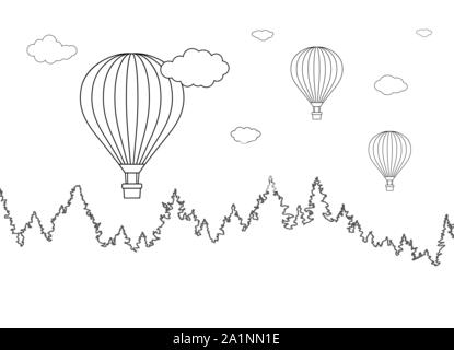 Vector Illustration der Landschaft mit Wald und fliegenden Heißluftballons für Färbung Seite Stock Vektor