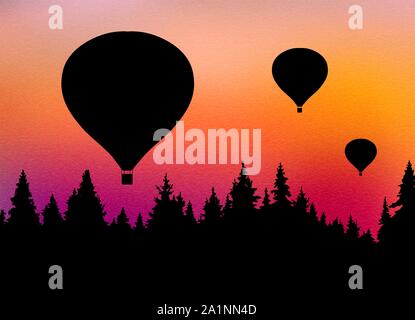 Vector Illustration der Landschaft mit Wald, fliegenden Heißluftballons und Orange Sky Stock Vektor