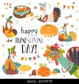 Lustige Truthähne mit Thanksgiving Theme auf weißem Hintergrund Stock Vektor