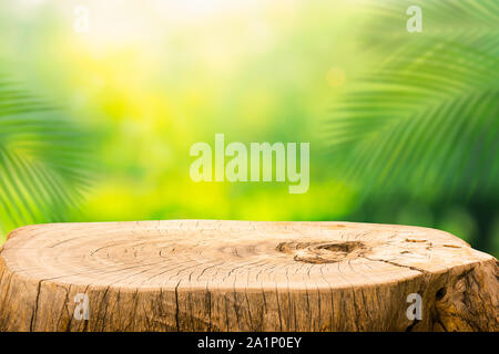 Schöne Textur des alten Baumstumpf Tischplatte auf Blur grünen Garten Hintergrund. Für Produkt- oder Design Key Visual Layout erstellen. Stockfoto