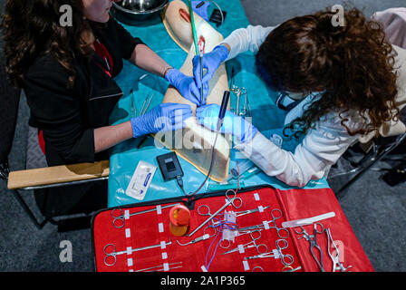 Hamburg, Deutschland. 25 Sep, 2019. Gefäßchirurgen verwenden, um eine neue künstliche Vene auf einem Modell eines menschlichen Oberschenkels bei einem Kongress Seminar. Quelle: Axel Heimken/dpa/Alamy leben Nachrichten Stockfoto