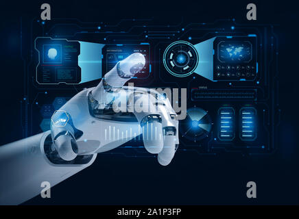 3D-rendering Roboterhand oder Cyborg hand mit grafischer Anzeige Stockfoto