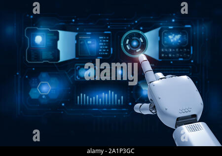 3D-rendering Roboterhand oder Cyborg hand mit grafischer Anzeige Stockfoto