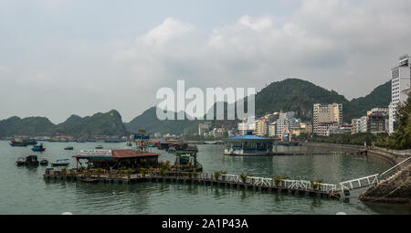 Stadtbild von Cat Ba Stadt und Bucht mit schwimmenden Restaurants, Cat Ba Island, Vietnam Stockfoto