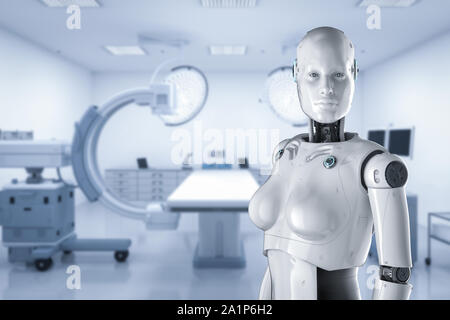 Medizintechnik Konzept mit 3D-Rendering weiblichen Cyborg diagnos mit C-Arm Maschine Stockfoto