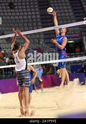 Rom, Italien, 06.September: Perusic und Schweiner für Tschechien in Aktion gegen Rossi und Carambula für Italien während der Runde 16 Spiel der FIVB Beach Volleyball World Tour Finals 2019 im Foro Italico in Rom, Italien Stockfoto