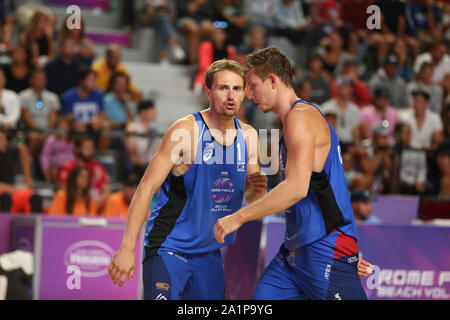 Rom, Italien, 06.September: Perusic und Schweiner für Tschechien in Aktion gegen Rossi und Carambula für Italien während der Runde 16 Spiel der FIVB Beach Volleyball World Tour Finals 2019 im Foro Italico in Rom, Italien Stockfoto