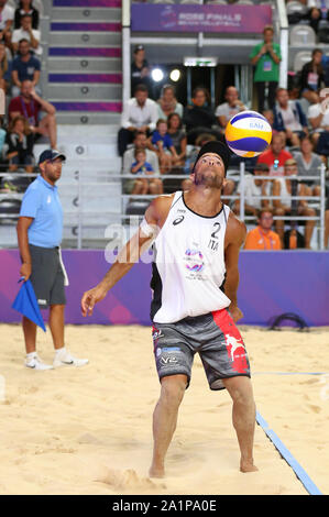 Rom, Italien, 06.September: Perusic und Schweiner für Tschechien in Aktion gegen Rossi und Carambula für Italien während der Runde 16 Spiel der FIVB Beach Volleyball World Tour Finals 2019 im Foro Italico in Rom, Italien Stockfoto