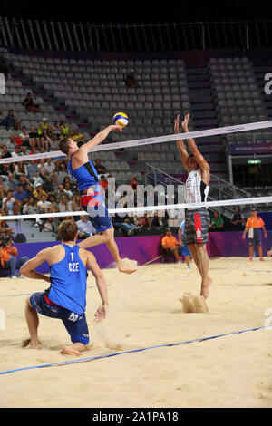 Rom, Italien, 06.September: Perusic und Schweiner für Tschechien in Aktion gegen Rossi und Carambula für Italien während der Runde 16 Spiel der FIVB Beach Volleyball World Tour Finals 2019 im Foro Italico in Rom, Italien Stockfoto