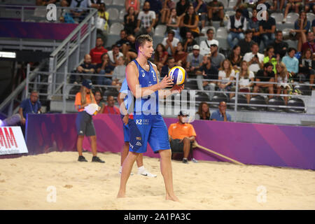 Rom, Italien, 06.September: Perusic und Schweiner für Tschechien in Aktion gegen Rossi und Carambula für Italien während der Runde 16 Spiel der FIVB Beach Volleyball World Tour Finals 2019 im Foro Italico in Rom, Italien Stockfoto