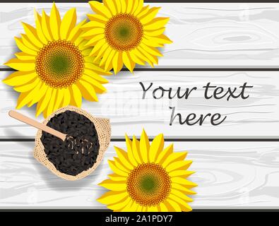 Vector Illustration von Sonnenblumen Blumen und Samen auf grau Holztisch, Platz für Text Stock Vektor