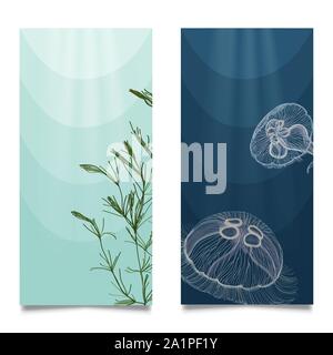 Unterwasser/Unterwasser Tauchen Banner oder Poster Set. Hand vector gezeichnet Stock Vektor