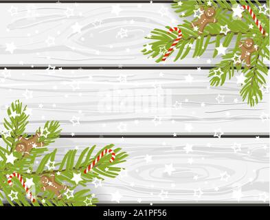 Hand Weihnachten vector Hintergrund, weiße Holz- Textur mit Weihnachtsbaum Zweige, Zuckerstangen, Stern Schneeflocken und Lebkuchen Männer Stock Vektor