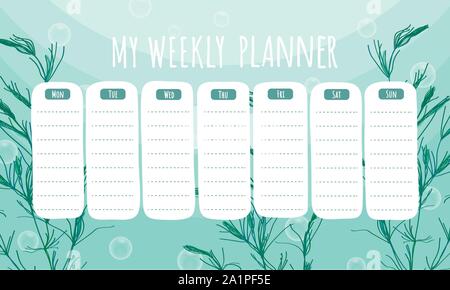 Marine Life Weekly Planner mit Algen. Vektor feststehende Schablone Stock Vektor