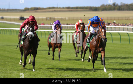 Royal Dornoch (rechts) von Wayne Lordan geritten, gewinnt das juddmonte Royal Lodge Stangen vor Kameko geritten von Oisin Murphy im Zweiten bei Tag drei Der cambridgeshire Treffen in Newmarket Racecourse. Stockfoto