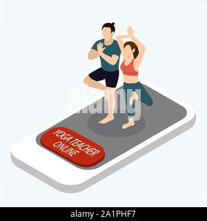 Ausbildung Klasse mit Yoga Lehrer online, Web Technologien in der Bildung, Vektor isometrische Stock Vektor