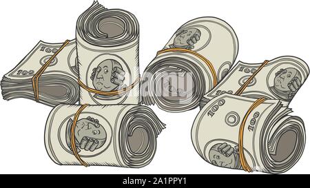 Einhundert dollar Bündel Banknoten Kaugummi. Benjamin Franklin. Comic cartoon Pop Art retro Vektor illustration Zeichnung Stock Vektor