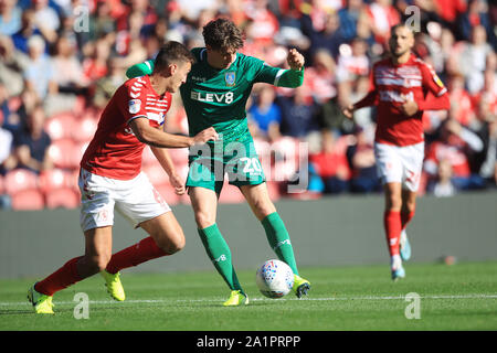 Middlesborough, Großbritannien. 28 Sep, 2019. Von Sheffield Mittwoch Adam Reach schießt und Kerben ihr drittes Ziel während der Sky Bet Championship Match zwischen Middlesbrough und Sheffield Mittwoch an der Riverside Stadium, Middlesbrough am Samstag, den 28. September 2019. (Credit: Mark Fletcher | MI Nachrichten) nur die redaktionelle Nutzung, eine Lizenz für die gewerbliche Nutzung Kreditkarte erforderlich: MI Nachrichten & Sport/Alamy Live News Credit: MI Nachrichten & Sport/Alamy leben Nachrichten Stockfoto